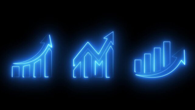 Glowing neon business bar chart icon animation. Business up arrow profit growth sing animation.