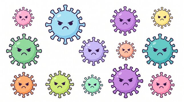 A collection of colorful, cartoon-style virus or bacteria characters with grumpy or angry facial expressions.
