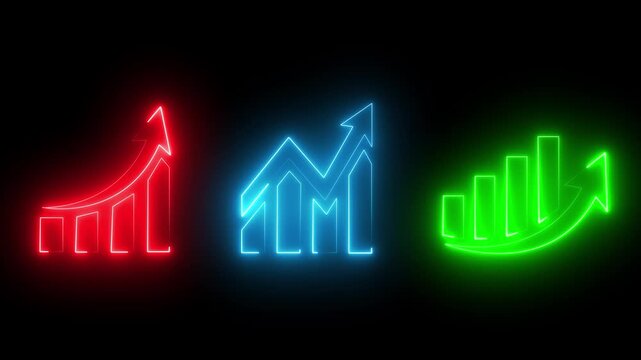Glowing neon business bar chart icon animation. Business up arrow profit growth sing animation.