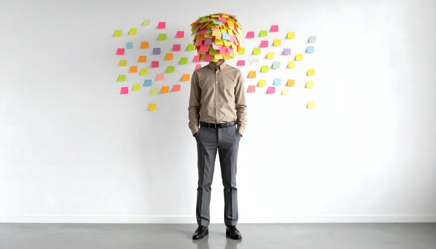 A businessman standing with his head completely covered in colorful sticky notes.