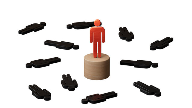 3D illustration of Wooden piece fallen on floor and a red one protected by a Wooden round table. Individual protection and insurance concept.Supports PNG files with transparent backgrounds.