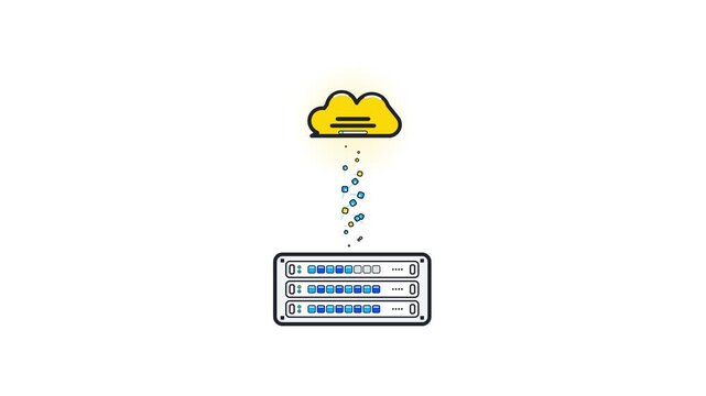 Animated cloud icon downloading digital data to a server rack unit