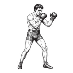 Naklejka premium male boxer athlete in stance wearing gloves vintage engraving illustration vector black and white white background isolated design