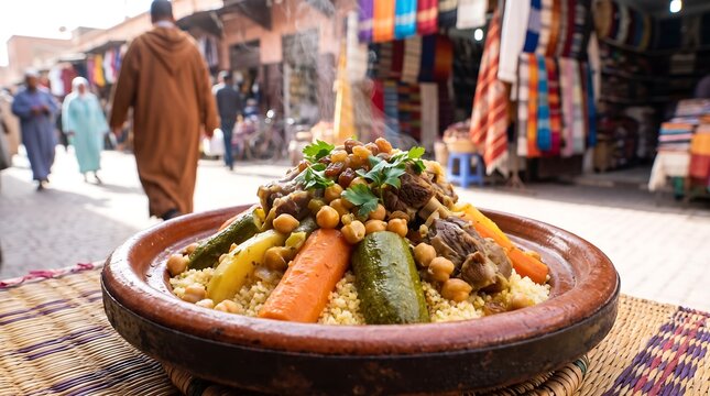 Traditional Moroccan lamb tagine with vegetables and couscous served in a street market.