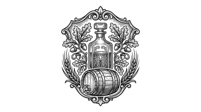 Vintage whiskey bottle and barrel ornate emblem.