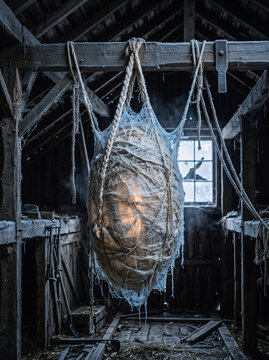 Spooky spider web cocoon hanging in a dark abandoned attic with dusty wooden beams