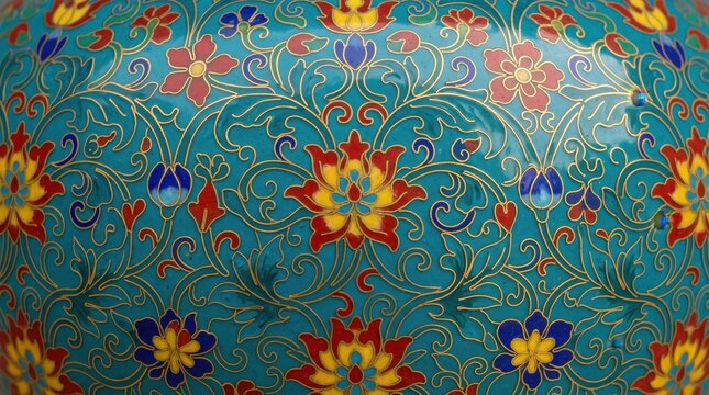 Cloisonn&eacute; enamel gold wire floral turquoise red blue texture
