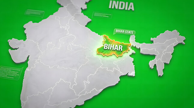 Map Highlighting Bihar State in India with Green Background