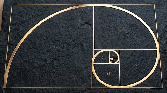 Fibonacci spiral polished brass black basalt inlay texture