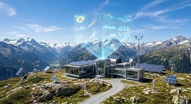 Futuristic climate monitoring station surrounded by natural landscape, transparent atmospheric data visualization, solar-powered sensors, mountains and clean blue sky, optimistic environment 