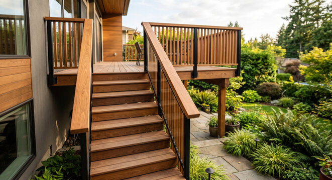 Timber handrail on outdoor deck staircase in contemporary residential exterior