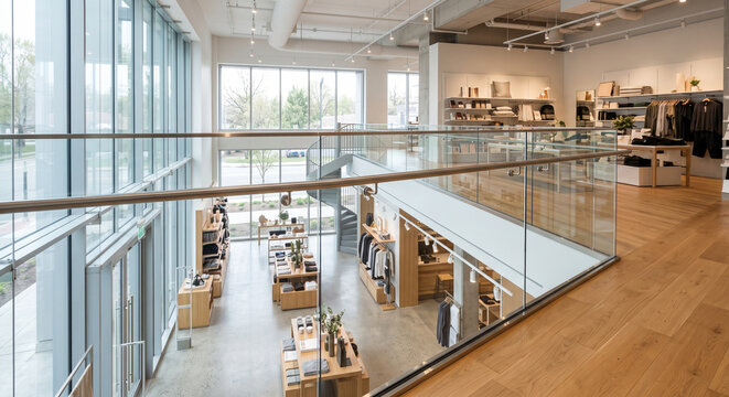 Glass balustrade railing on open mezzanine in contemporary retail interior