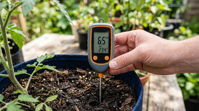 Digital pH and temperature meter testing soil quality in a garden pot