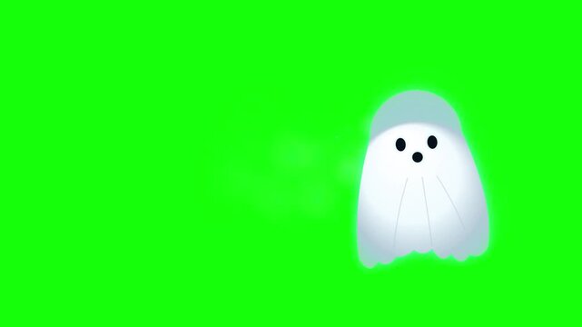 Cute cartoon ghost character floating on green screen