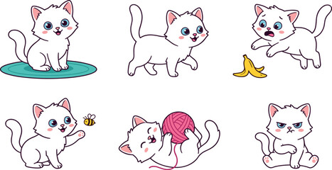 Obraz premium Cute White Kitten Character Expression Sprite Sheet Featuring Kawaii Cat Poses, Playing with Yarn, Chasing Bees, Scared of Bananas, and Angry Expressions