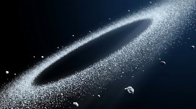 A detailed digital illustration of an astroid belt drifting through the dark vacuum of deep outer space, featuring scattered rocks and cosmic debris.