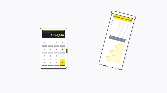 Digital calculator and financial audit statement report with rising data