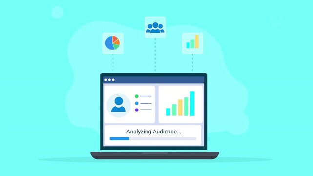 Modern flat vector animation showing a laptop with an audience analytics dashboard, user profile, charts, and data icons, representing customer insights, data analysis, performance, and digital busine