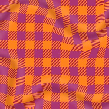 Wavy Distorted Checkered Pattern, Orange and Purple Squares, Retro Groovy Seamless Texture
