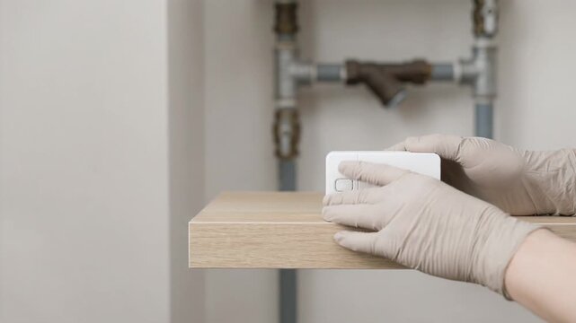 Gloved hands place electronic device on wooden surface near plumbing pipes