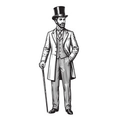 Fototapeta premium victorian gentleman standing in coat and top hat with walking cane vintage engraving illustration vector black and white white background isolated design