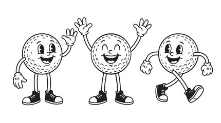Naklejka premium retro cartoon golf ball mascot character set 1930s rubber hose style vintage illustration vector black and white white background isolated design