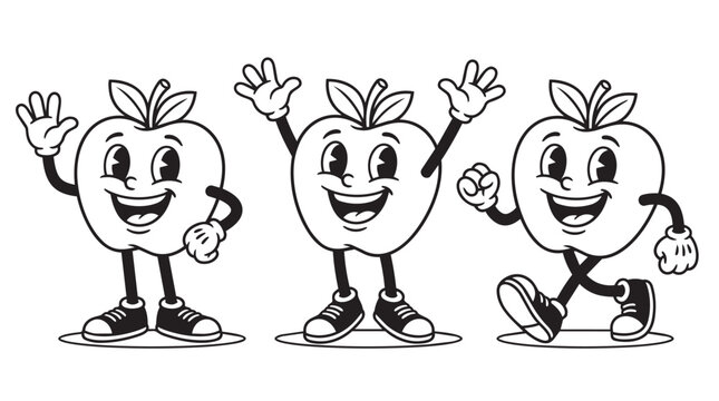 retro cartoon apple fruit mascot character set 1930s rubber hose style vintage illustration vector black and white white background isolated design