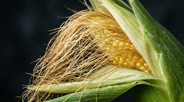 Magnified close up view of fresh maize silk threads and outer leafy casing against dark backdrop corn stigma husk macro close up black background silk texture agriculture plant detail farm crop