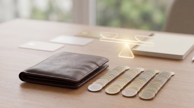 A brown leather wallet and rows of coins on a wooden desk with digital scales with organized stacks metal sits next organized transaction investment accounting management