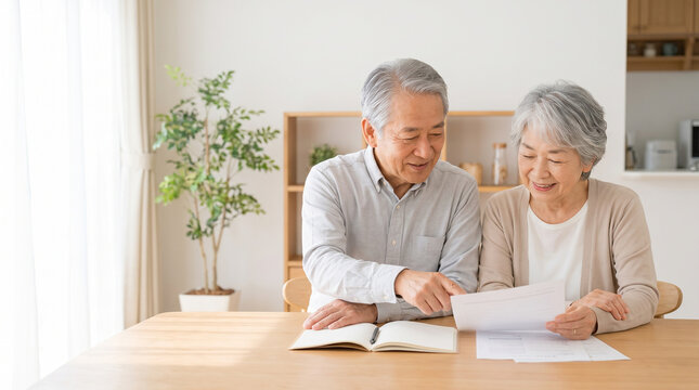 高齢夫婦が自宅で相続について話し合う、老後の資産管理と財産承継