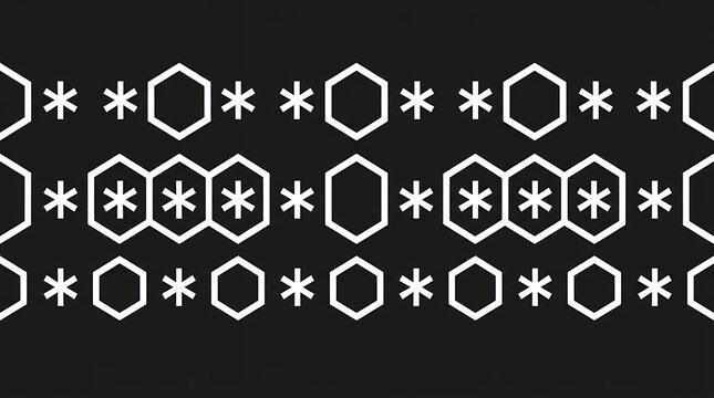 Seamless Horizontal Geometric Pattern of Minimalist White Hexagonal Shapes and Asterisk Symbols Over a Solid Black Backdrop pattern seamless geometric horizontal hexagon asterisk star shape black