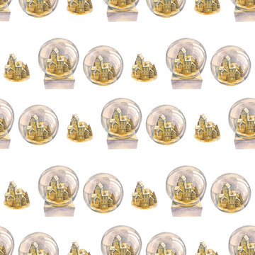 Watercolor seamless pattern with Christmas snow globe featuring a magic fairy tale winter city illuminated by warm golden light. Festive atmosphere art on white background. Card wallpaper or wrapping
