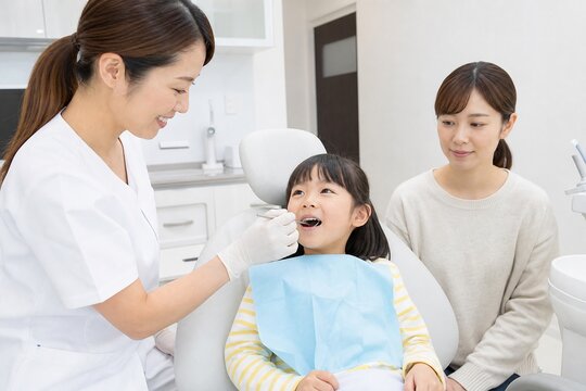 小学生の歯をやさしくチェックする歯科医師と母親