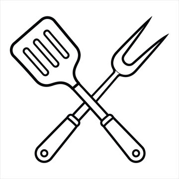Crossed spatula and grill fork line icon for barbecue party event marketing and backyard cooking brand identity.