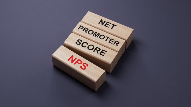 NPS as NET PROMOTER SCORE. Conceptual image. text on wood cubes. text in black letters on wood blocks.3D rendering