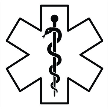 Star of life medical symbol with rod of asclepius and snake black outline vector icon for emergency health services.