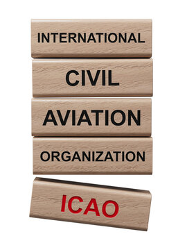 Closeup wood cubes into the row to complete the word icao, INTERNATIONAL CIVIL AVIATION ORGANIZATION.Supports PNG files with transparent backgrounds.