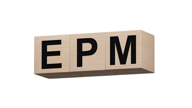 epm sign on wooden cubes and magnifier.close up of wooden cubes,Business Concept.Supports PNG files with transparent backgrounds.