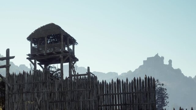 A wooden watchtower is visible next to a tall wooden fence in a rural location. Mountains rise in the background under a clear blue sky during daylight hours.