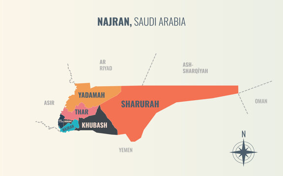 Najran Saudi arabia Mintaqah into Muhafazah in a minimalist colorful style map showing