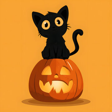 In a whimsical, simple Halloween illustration, a black cat perches on a jack-o-lantern, perfect for holiday decorations.