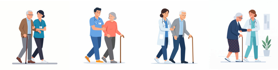 Fototapeta premium Medical professionals assisting senior patients walking isolated on white background