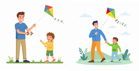 Fototapeta premium Father and little son flying colorful kite together in the park