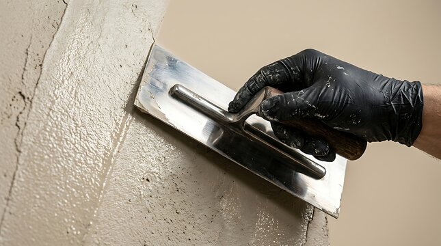 Hand in black protective glove smoothing plaster with a metal trowel on a wall during renovation work