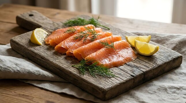Fresh slices of salmone affumicato arranged elegantly on a rustic wooden cutting board with lemon wedges and fresh dill for a gourmet appetizer display