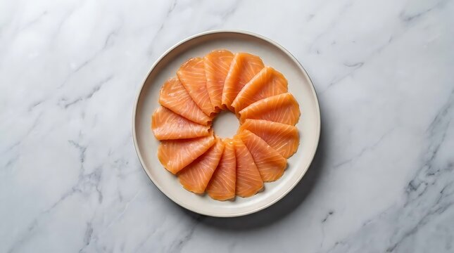 A top view of a plate with thinly sliced salmone affumicato arranged in a circle on a white marble background for a delicious gourmet appetizer meal