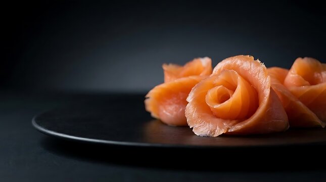 A close-up of delicate rose shaped salmone affumicato arranged on a dark matte plate representing gourmet appetizer presentation for fine dining culinary