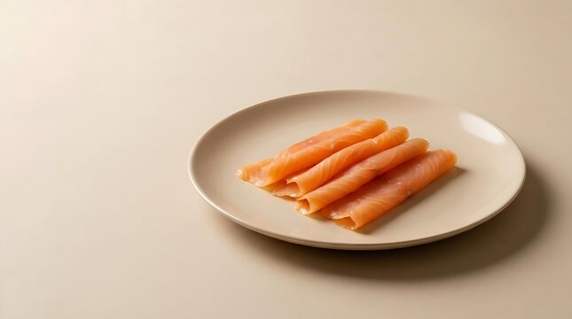 A minimalist studio shot of slices of salmone affumicato arranged on a beige ceramic plate isolated against a neutral background for culinary blog