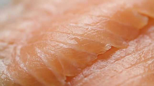 Macro close-up shot of thin slices of fresh raw salmone affumicato arranged on a white plate, highlighting the delicate texture and oily quality of fish.