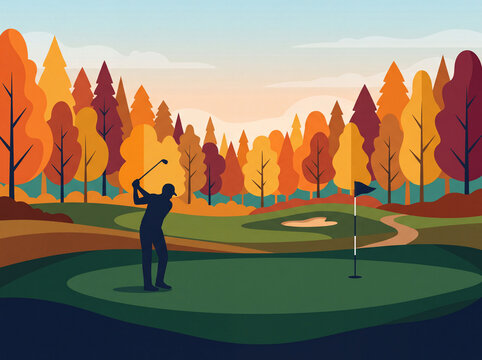 Flat vector illustration of a golfer playing on a scenic golf course surrounded by a vibrant golden autumn forest